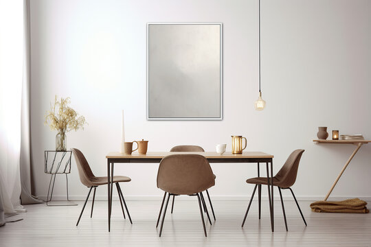 A table in front of a wall with a frame on it. Minimalistic interior design composition. Generative AI