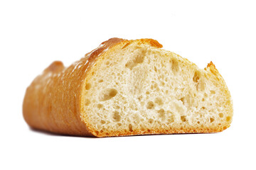A baguette cut in half, texture view studio shot isolated on white background