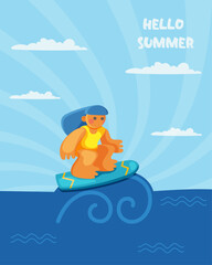 Girl surfing,  Hello summer illustration.  Cartoon hand drawn surfer character of standing on board. Vector