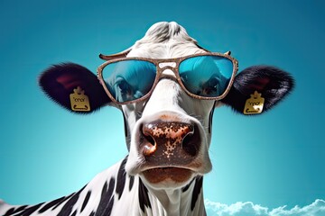 Cute cow wearing sunglasses on the blue background
