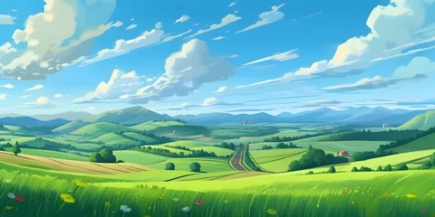Tuinposter Summer fields, hills landscape, green grass, blue sky with clouds, flat style cartoon painting illustration. Generative AI. © Jing
