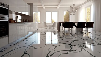 Modern kitchen with floor coverings interior epoxy resin and marble. Generative AI - obrazy, fototapety, plakaty