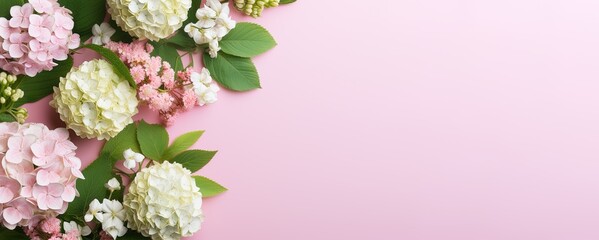 Hydrangea bouquet isolated on pink background. White flowers hortensia, blooming in spring and summer. Copy space. Generative Ai.