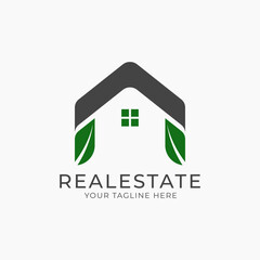 Real estate, hotel, residence logo. House with two green leaf flat logo vector design