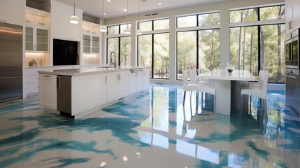 Modern kitchen with floor coverings interior epoxy resin and marble. Generative AI