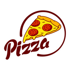 Tasty Italian pizza slice emblem. Delicious fast food meal. Illustration for cafe menu.