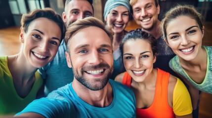 Group of happy people taking a selfie together in a yoga studio. Generative AI