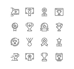 Set of awards related icons, ribbon badge, trophy, winner, medal, certificate, online competition and linear variety vectors.