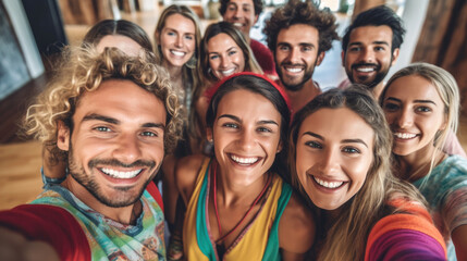 Fototapeta premium Group of happy people taking a selfie together in a yoga studio. Generative AI