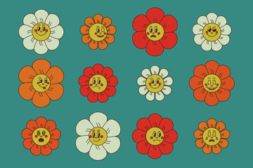 Retro groovy cartoon flowers set on green background. Funny emoticon in flat cartoon style. Blossom with faces and feeling. Perfect for decoration, greeting cards, postcards, stickers