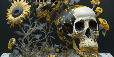 Skull with gold filigree inlay surrounded by black sunflowers, AI generative