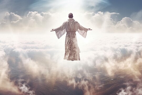 Jesus in White Robe Ascending Against Blue Sky - AI Generative