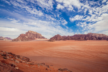 Fototapeta na wymiar View from Red Sand Dune in Wadi Rum valley, Jordan