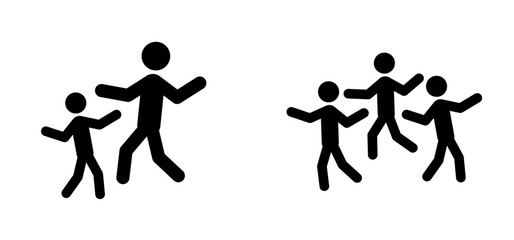 Cartoon walking, whistle, pipe, wander away symbol. Walk and singing sign. Happy to work, school or home. Stickman people to song. Stick figure man person. Dance time. to hop, skip on music sound. 