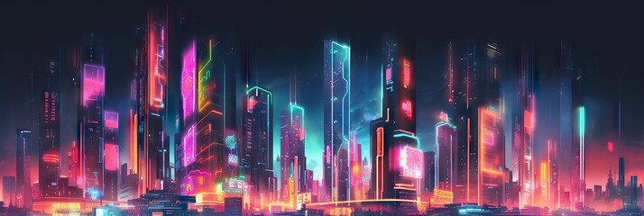 Cyberpunk cityscape. Futuristic night in digital town. Neon lights. Sci Fi city background. Generative AI illustrations © Thares2020