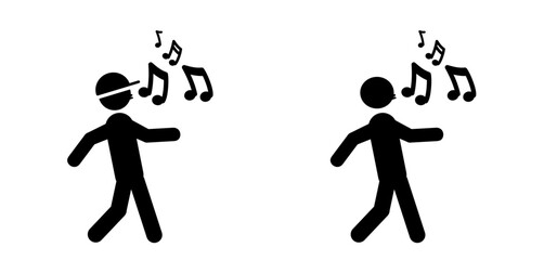 Fototapeta premium Cartoon walking, whistle, pipe, wander away symbol. Walk and singing sign. Happy to work, school or home. Stickman people to song. Stick figure man person. Dance time. to hop, skip on music sound. 