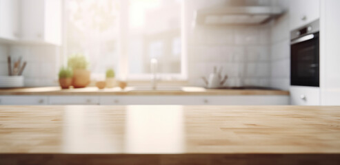Beautiful empty brown wooden table top and blurred defocused modern interior background with daylight flare and window , product montage display. Gen.ai