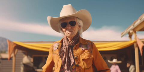 Environmental portrait of elderly woman cowgirl wearing straw hat in ranch landscape, Generative AI - obrazy, fototapety, plakaty