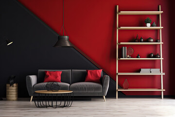 Interior with red sofa and ladder shelf in modern home, living room, created with Generative AI