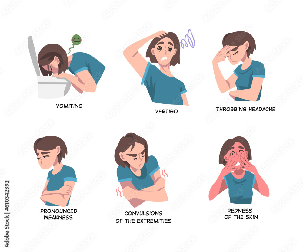 Wall mural sick woman suffer from different symptom of heart stroke vector set