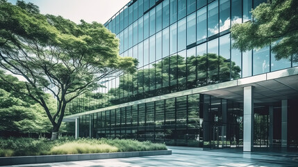 Plakat modern office building with green trees