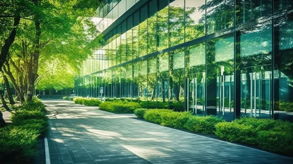 Foto auf Acrylglas Grün blau modern office building with green trees