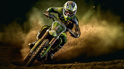 Rider Riding Green Motocross Dirt Bike, make helmet., high contrast. Ai, artificial intelligence, - obrazy, fototapety, plakaty