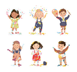 Little Boy and Girl Smeared in Paints Holding Artist Brush Vector Illustration Set