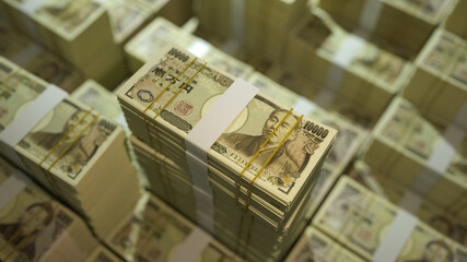 close up of stacks of Japanese yen notes. 3d rendering on bundles of money