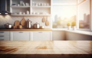 Fototapeta na wymiar Beautiful empty brown wooden table top and blurred defocused modern kitchen interior background with daylight flare, product montage display. generative a