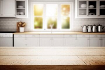 Beautiful empty brown wooden table top and blurred defocused modern kitchen interior background with daylight flare, product montage display. generative a