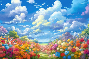 Painting style: Flowers under the blue sky.