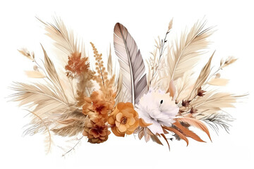 Watercolor boho floral border, Pampas grass, Vintage brown floral composition, created with Generative AI © Nacci