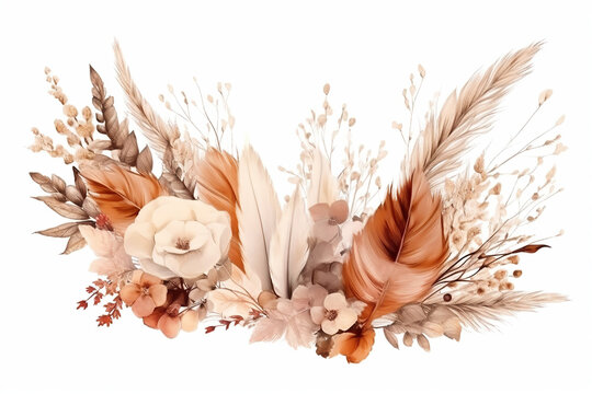Watercolor boho floral border, Pampas grass, Vintage brown floral composition, created with Generative AI
