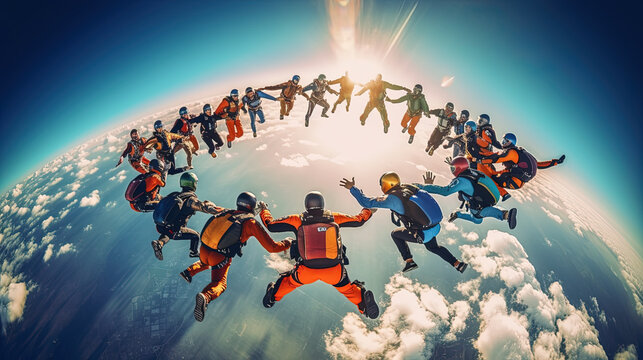 Skydiving people doing a formation in free fall, back viewSkydiving people doing a formation in free fall, back view