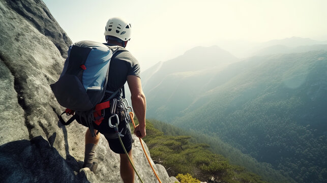 Picture of tourist man in helmet, Back View, climbing up mountain