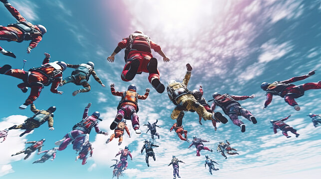 Skydiving people doing a formation in free fall, back viewSkydiving people doing a formation in free fall, back view