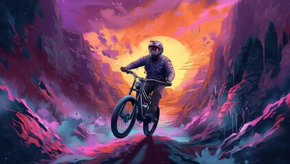 Fototapeta na wymiar Man riding a bike to the top of mountain. Colorful digital artwork paiting. 