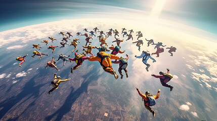 Skydiving people doing a formation in free fall, back viewSkydiving people doing a formation in free fall, back view