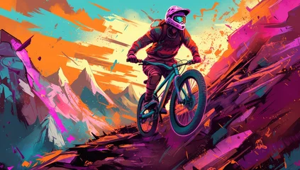 Foto op Plexiglas Man riding a bike to the top of mountain. Colorful digital artwork paiting.  © Photo And Art Panda
