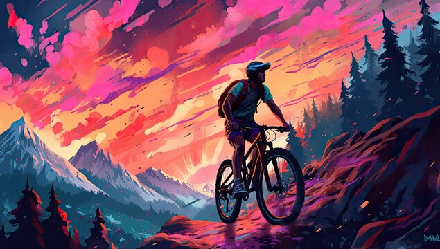 Man riding a bike to the top of mountain. Colorful digital artwork paiting. 