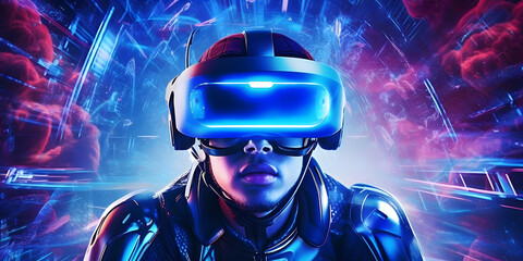 The Future of Work: An image of a person in a virtual reality headset working on a holographic computer, generative ai.