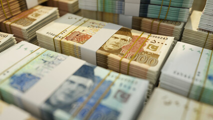 close up of stacks of Pakistani rupee notes. 3d rendering on bundles of money