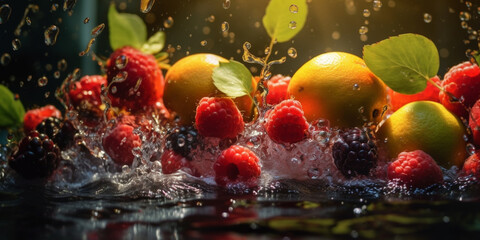 Fototapeta na wymiar Fresh bunches of summer fruit fall into the water