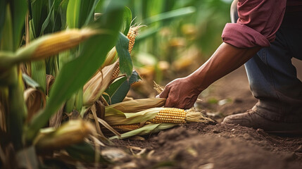 Farmer picking corn, close up, no face.