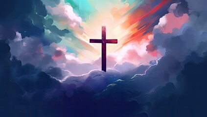 Spiritual illustration of a cross drawn with watercolors in the sky, representing the Christian and Catholic religion. Generative AI