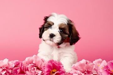 Adorable and affectionate puppy dog on a pink background surrounded by flowers. Generative AI