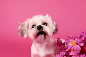 Adorable and affectionate puppy dog on a pink background surrounded by flowers. Generative AI