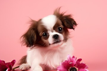 Adorable and affectionate puppy dog on a pink background surrounded by flowers. Generative AI