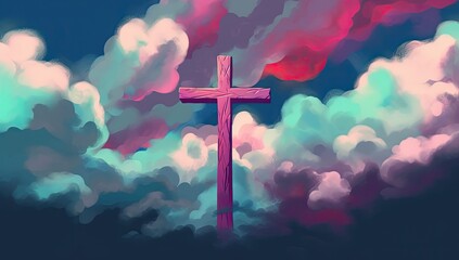 Spiritual illustration of a cross drawn with watercolors in the sky, representing the Christian and Catholic religion. Generative AI